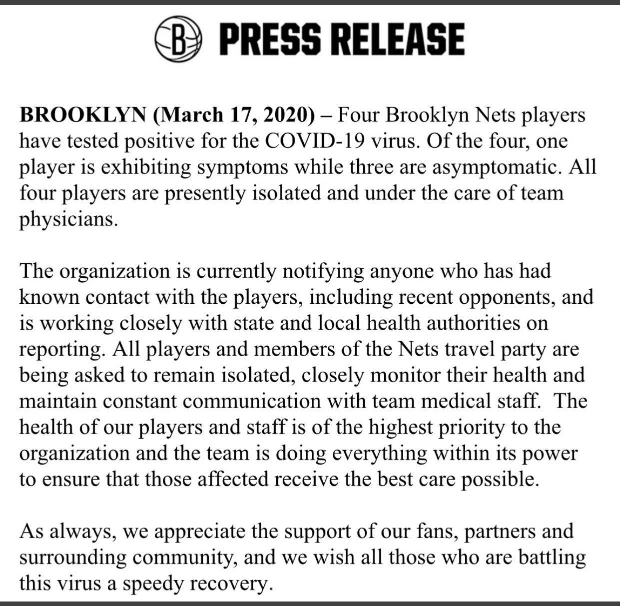 Four Brooklyn Nets Players Test Positive For Coronavirus