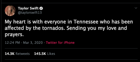 Taylor Swift on Tennessee tornado