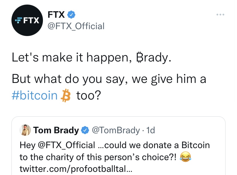 Tom Brady offers Bitcoin donation to 'last' football buyer