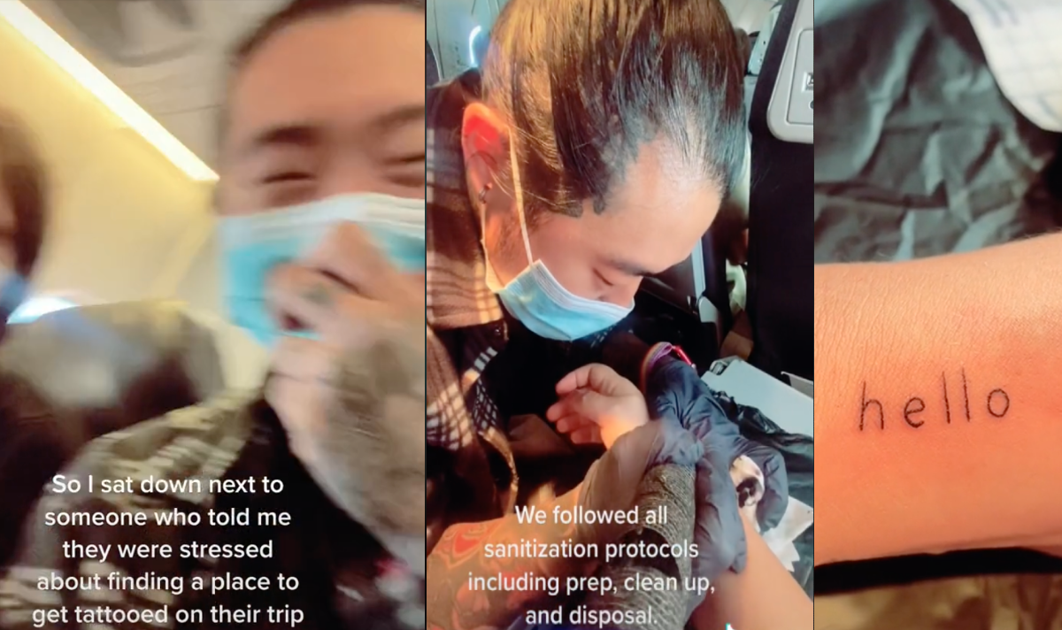 tattoo artist gives a tattoo to fellow passenger during flight