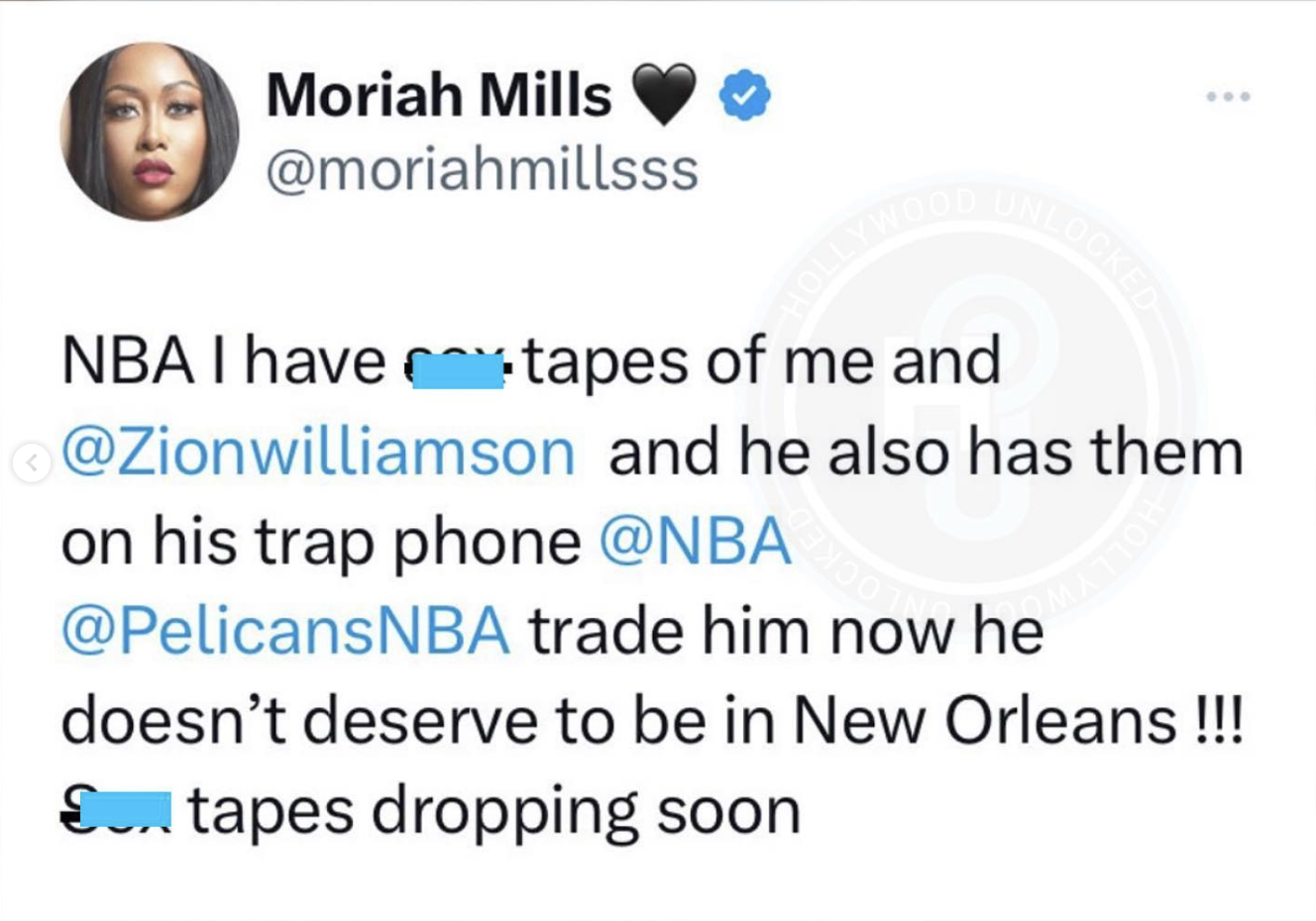 Adult Star Moriah Mills Claims She Has Sex Tapes With Zion Williamson