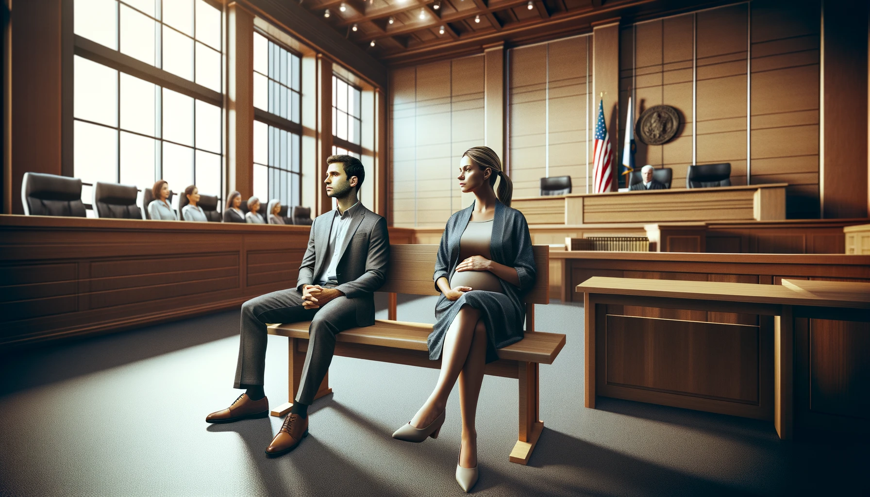 man and woman sitting in court room for child support hearing