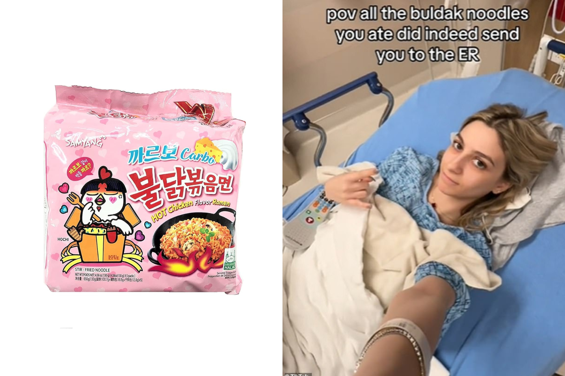 Buldak spicy noodles and Laura sitting in hospital bed