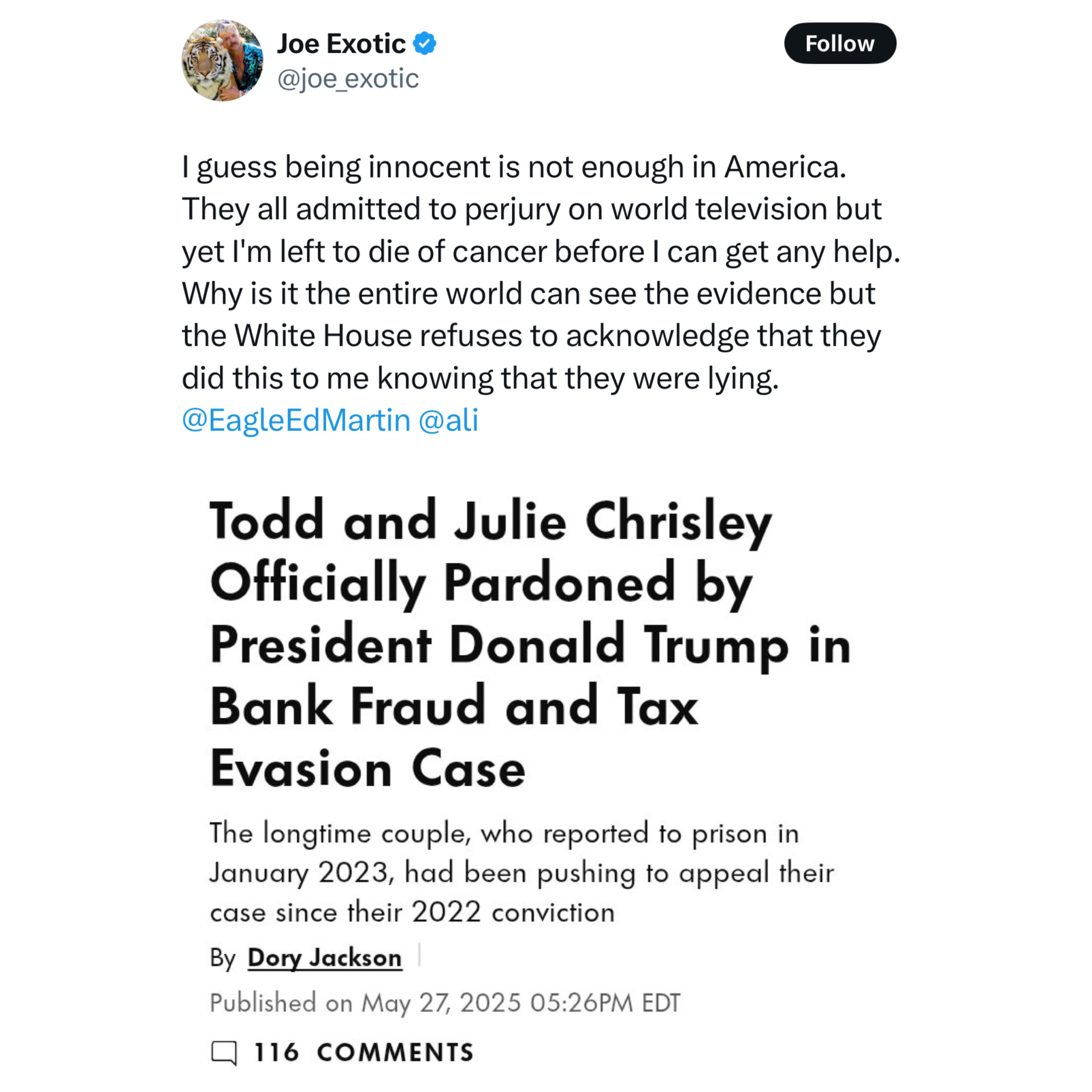 Joe Exotic Goes Off After Trump Pardons The Chrisleys and Not Him: “They All Admitted To Perjury On World Television But Yet I'm Left To Die Of Cancer”