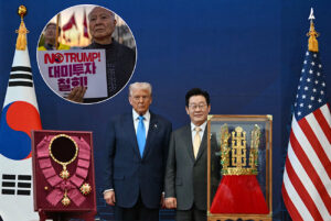 South Korean President Lee Jae Myung Gives Donald Trump A Gold Crown And Necklace Weeks After ‘No Kings’ Protests In America; Korean Protesters Also Rally